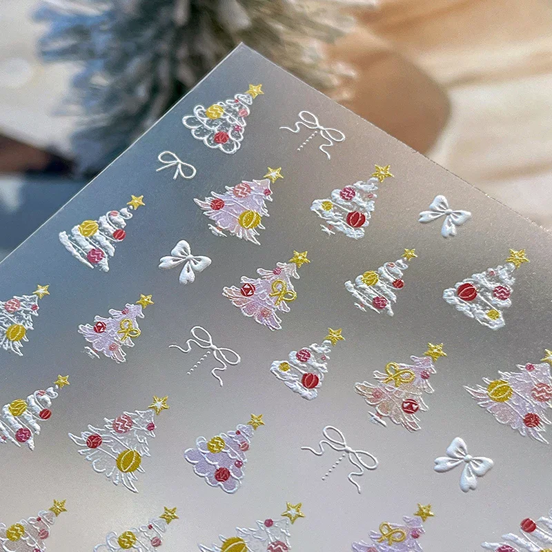 Christmas Tree Embossed Nail Stickers Self-Adhesive Xmas Manicure Decals, Charm Nail Ornaments 3D Raised Nail Art Decorations