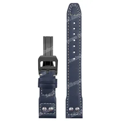 Elegant Leather Watch Strap with Folding Buckle - Premium Cowhide Bracelet - 22mm (Blue - Black)