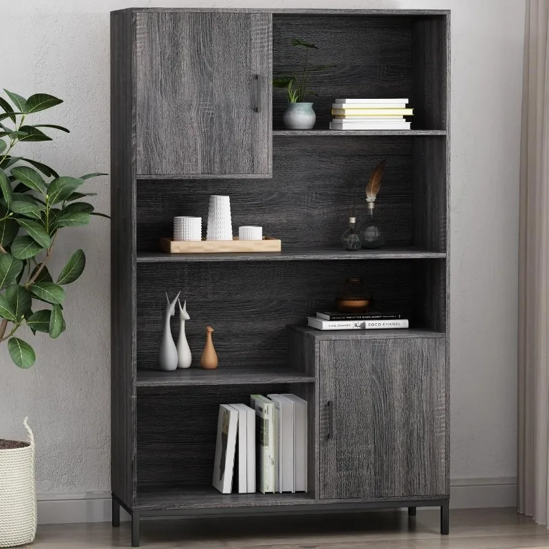 64.5-inch high bookcase with 2 storage cabinets, cube unit bookcase with storage cabinets and doors