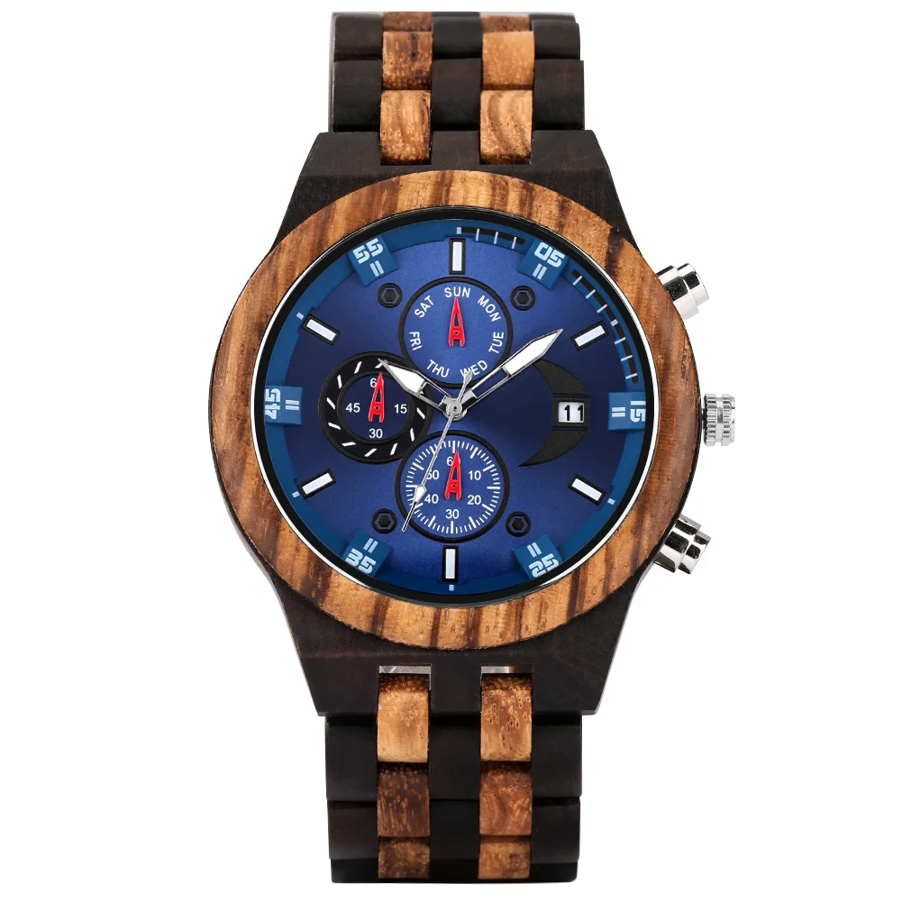 Men's Vintage Quartz Chronograph with Wooden Bangle and Calendar Function