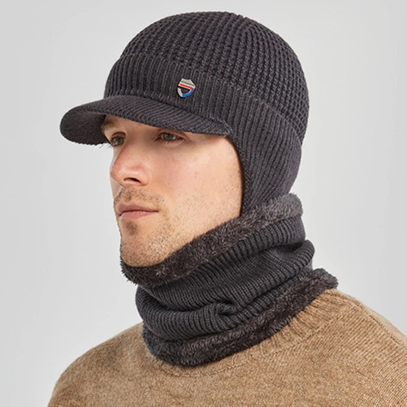 Men Winter 2Pcs Set Visor Brim Earflap Beanie Hat with Circle Scarf Knitted Thicken Plush Lined Skull Neck Warmer
