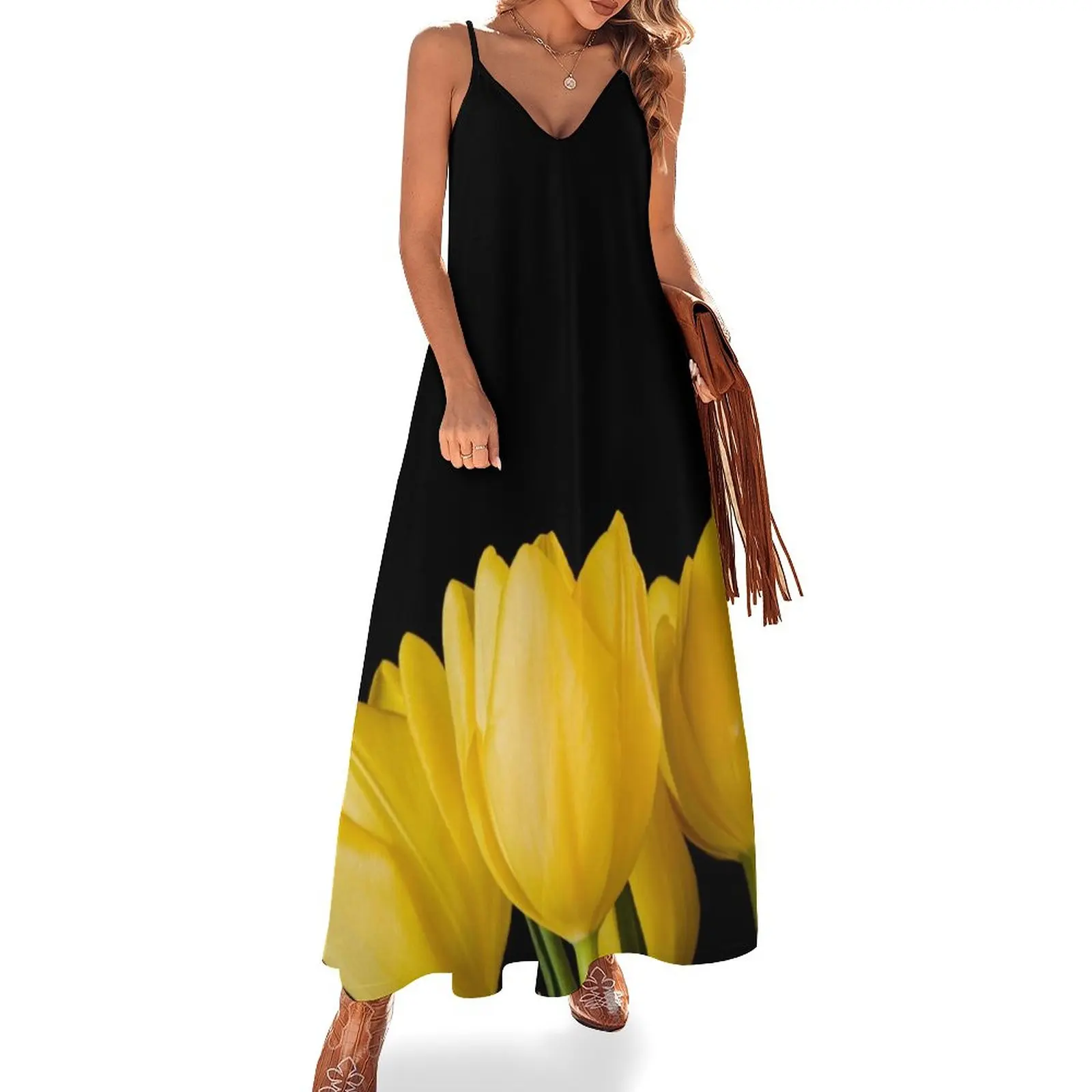 

Beautiful and Big Yellow Tulip Design Sleeveless Dress Dress for girls evening dress