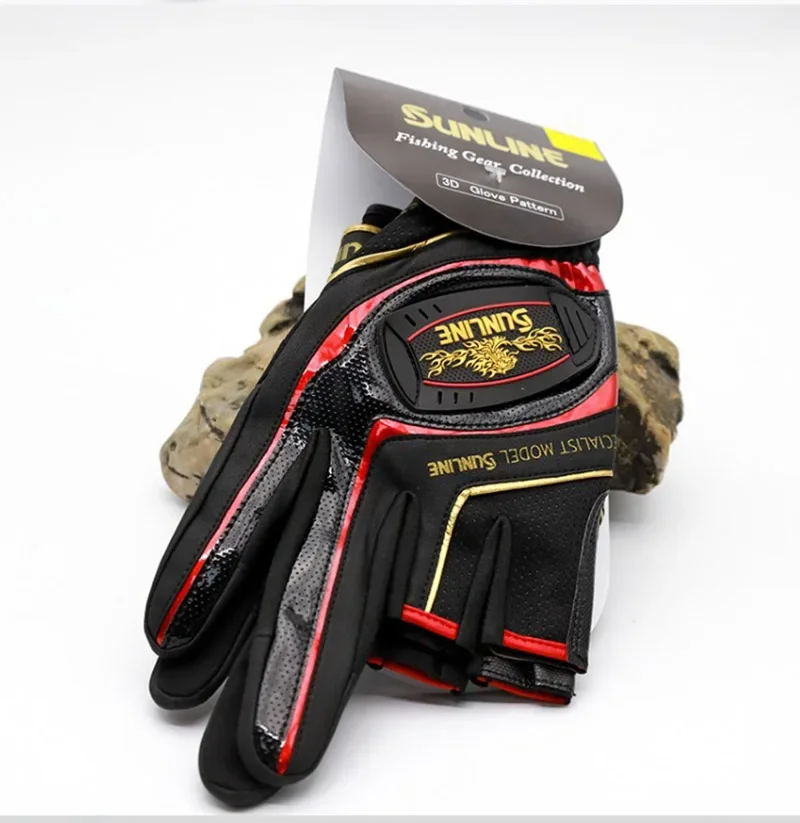 Fishing Gloves New Sunline Men Leather Anti-Slip 3/5 Half-Finger Cut Sports Hiking Cycling Wear-resistant