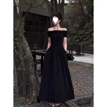 Two-Way Wear Black One-Shoulder Long Dress Women's Elegant Off-Shoulder Waist-Cinching Tube Top Dress Sleeveless Empire Waist 1