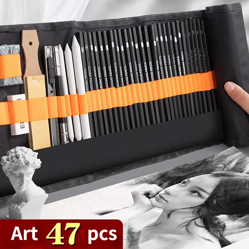 Sketch Pencils Set 27/38/47pcs Sketching Kit Roll Up Canvas Wrap Bag and BoxDrawing Art Supplies Charcoals Kneaded Eraser Case