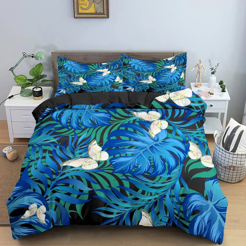 Tropical Leaves Butterfly Printed Duvet Cover Bedding Sets with Pillow Case Luxury Polyester Bedspread Queen/King Size Gift Blue