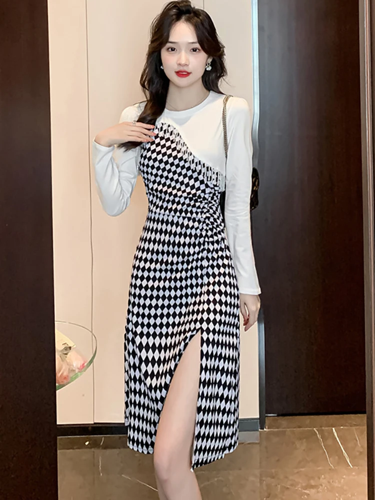 Spring Autumn Korean Chic Prom Sexy Slit Dress 2022 Elegant Bodycon