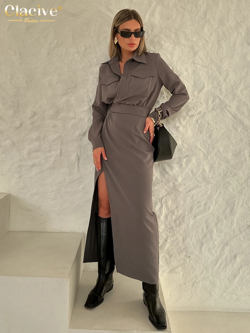

Clacive Fashion Slim Brown Office Women Dress Elegant Lapel Long Sleeve Ankle Length Dresses Casual High Waist Slit Female Dress