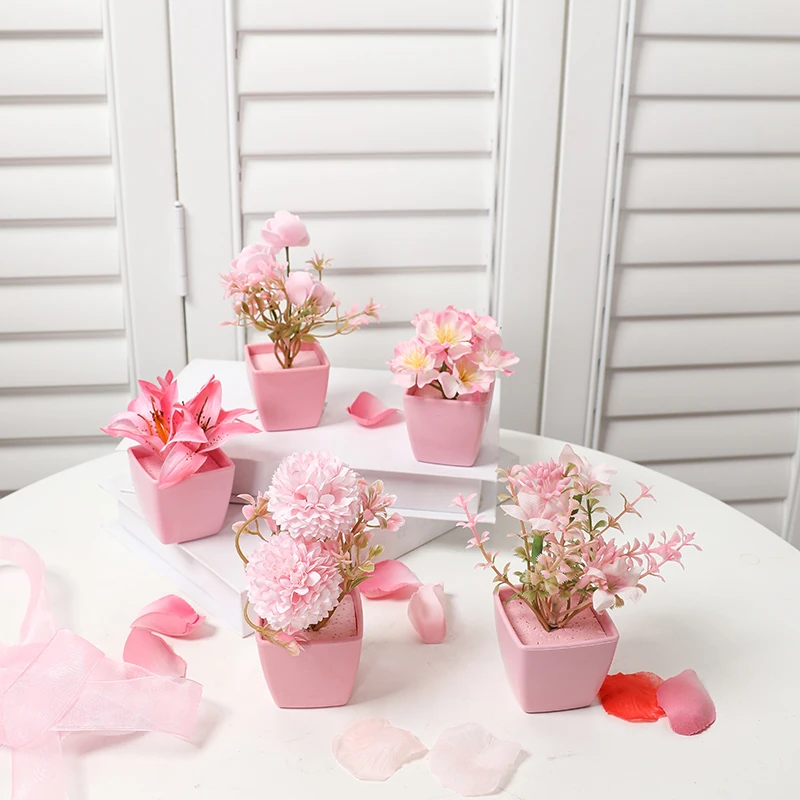 Set of 5 Mini Pink Artificial Flower Pots
