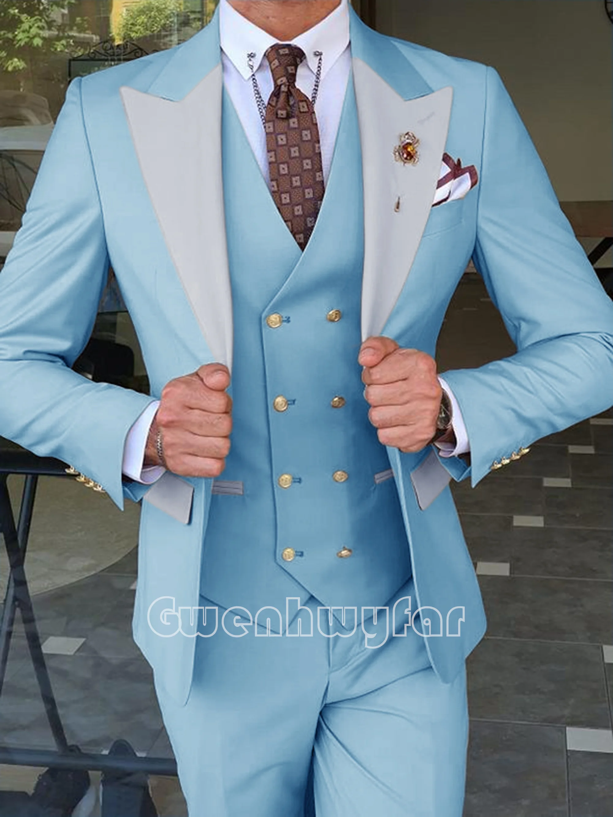 Gwenhwyfar Made Classic Peach Groom Tuxedo Groomsmen Gold Buttons Shawl Lapel Best Man Suit Wedding Men's Blazer Costume mens suit