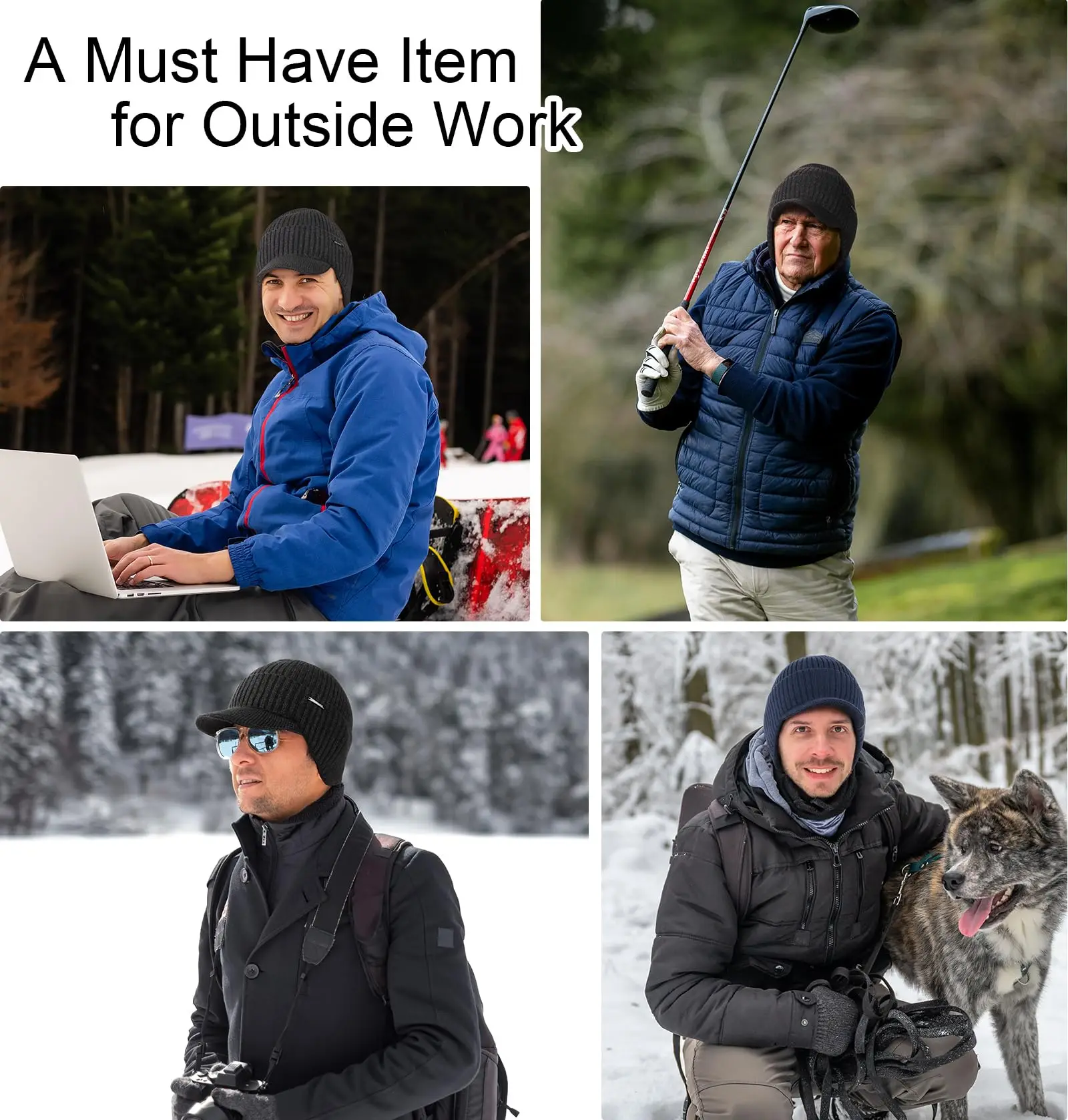 Winter Beanie with Brim and Ear Flaps, Outdoor Warm Fleece Lined Knit Hat Stocking Caps for Men Women