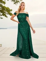 Navy Blue Prom Dress – Sequin Off‑Shoulder Mermaid Train