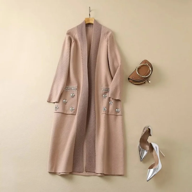 

New 2022 Autumn Winter Long Cardigan Coats High Quality Knitting Women Diamond Beading Deco Long Sleeve Casual Khaki Black Coats