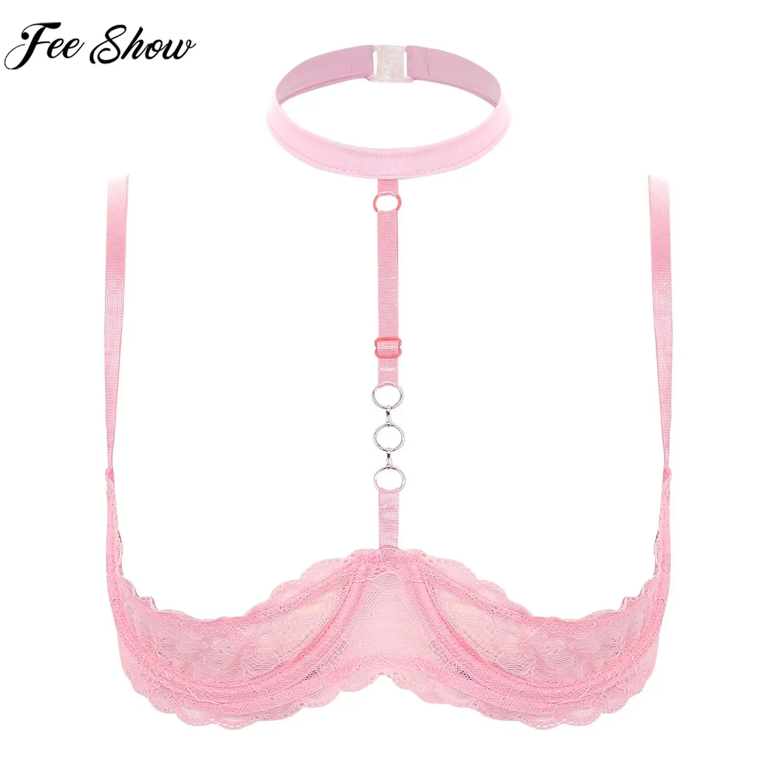 Womens Sexy Open Cups Bra Exposed Nipples Lingerie Top Sheer Lace Halter Underwire Brassiere Chest Brace Underwear Nightwear