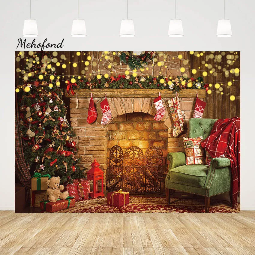 

Mehofond Christmas Fireplace Photography Backdrop Xmas Trees Child Birthday Party Portrait Flash Glitter Background Photo Studio