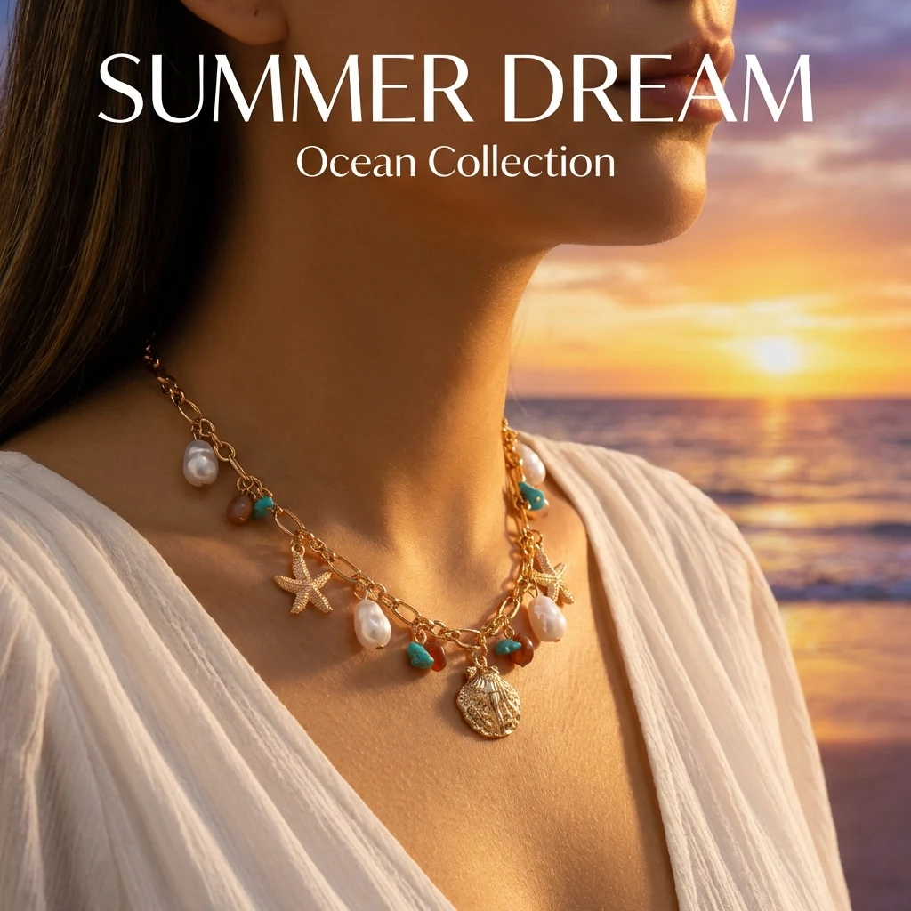 Mehrteilige Ozean-Anhänger-Halskette für Frauen, Boho-Stil mit Muschel, Seestern und Imitationsperlen, Trendiger Sommerschmuck als Geschenk – Detail 1