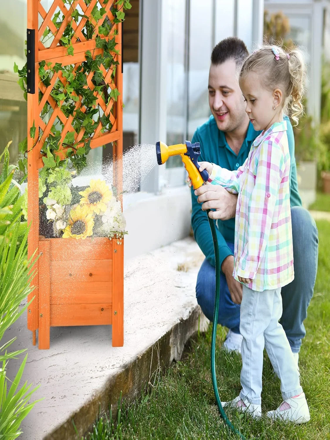 Blumen kasten mit Holz gitter, Pflanz kasten für Kletter pflanzen, Hochbeet mit Gitter & Drainage loch, Orange – Detail 1