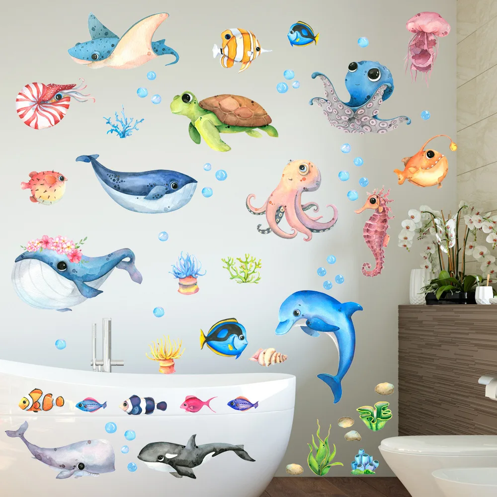 Wall Stickers Cartoon Marine Life Wall Stickers for Kids room Bathroom Wall Tile Decals Octopus Sea Turtle Fish Posters Home Decoration