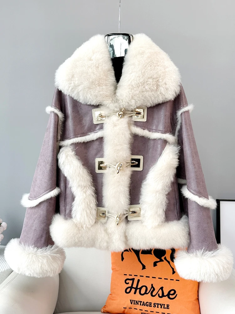 

2023 Winter New Rabbit Hair Inner Bladder Fur Integrated Coat Women's Short Lamb Hair Collar Fur Coat Youth