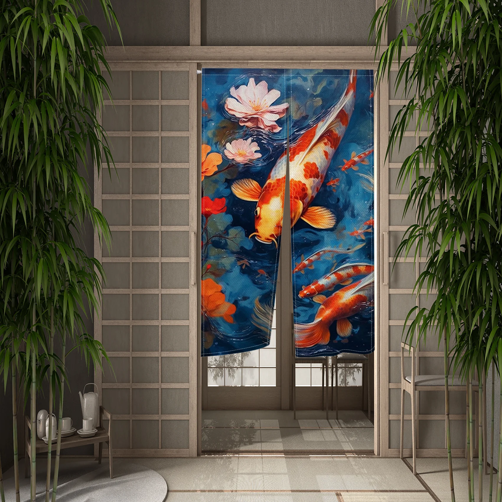 Japanese Koi Fish Door Curtain Fengshui Kitchen Bedroom Doorway Curtain Entrance Hanging Half-Curtain Partition Curtain Drape 2