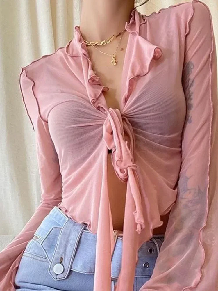 Streetwear Mesh T Shirt Women Fashion Slightly See Through Sexy Crop Tops American Style Beach Female Slim Bandage Tees