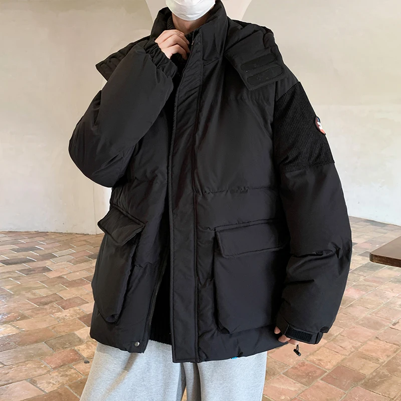 

Hybskr Men 2023 Winter Outdoor Ski Snow Warm Hooded Parkas Jacket Coat Men's Large Pocket Thicken Hat Windproof Thick Cargo Coat