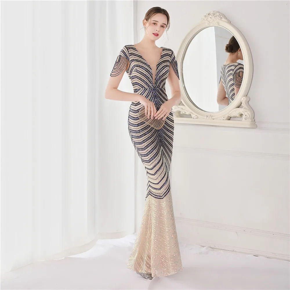 Women's  V Neck Sequin Split Prom Dresses Long Formal Gown Mermaid Evening Dress With Crystal Beadings sladuo women s v neck feather half sleeves mermaid sequins long formal evening prom homecoming party cocktail dresses gown