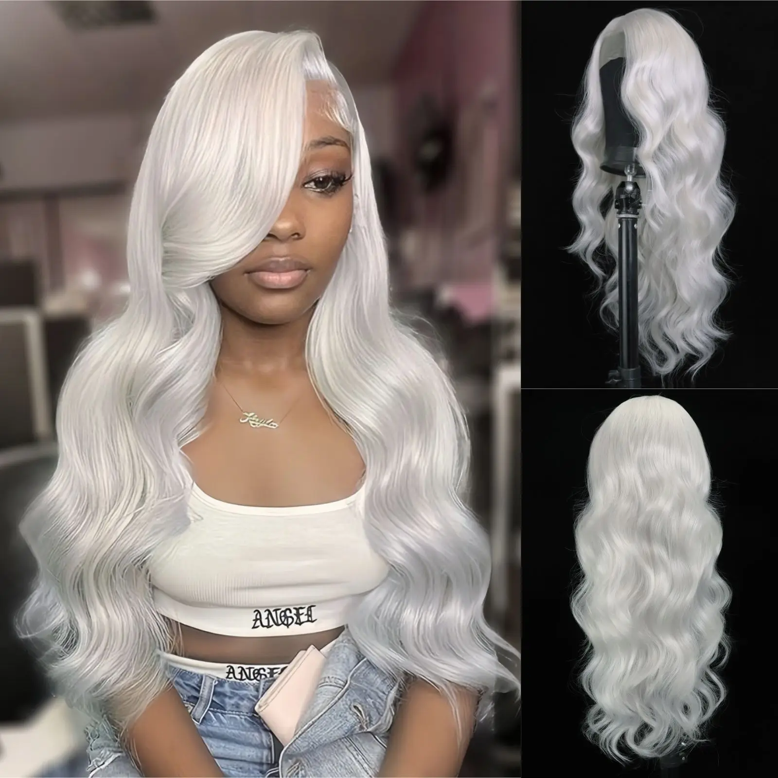 White Wavy Synthetic Lace Front Wigs 13×4 Free Part Body Wave Lace Front Wig Heat Resistant Synthetic Fiber Wigs(24Inch)