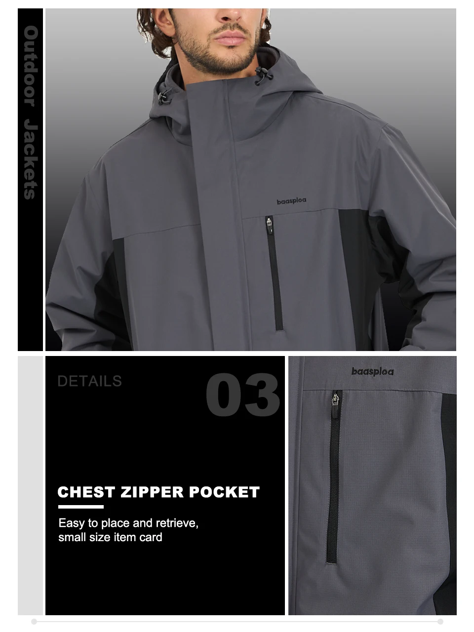Baasploa Herrenjacken, Marken-Windjacke, 3-in-1, wasserdichte Mäntel aus gewebter Baumwolle, hochwertige, bequeme Wander- und Outdoor-Kleidung für Herren – Detail 7