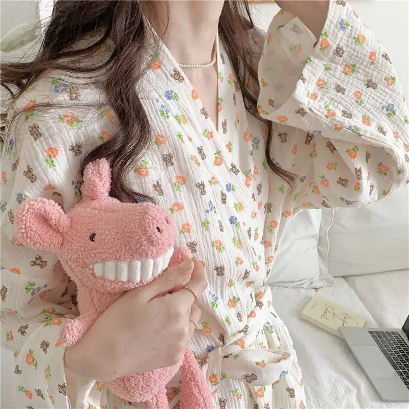 Casual Women Spring Autumn Loose Crape Cotton Robe Lace-up Bathrobe Sweet Kimono Female Cherry Bear Printed Dressing Gown S-XL women bathrobe