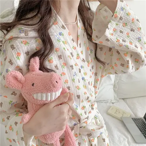 여성용 캐주얼 느슨한 크레이프 코튼 로브, 레이스업 목욕 가운, 달콤한 기모노, 체리 베어 프린트 드레싱 가운, S-XL, 봄, 가을 5