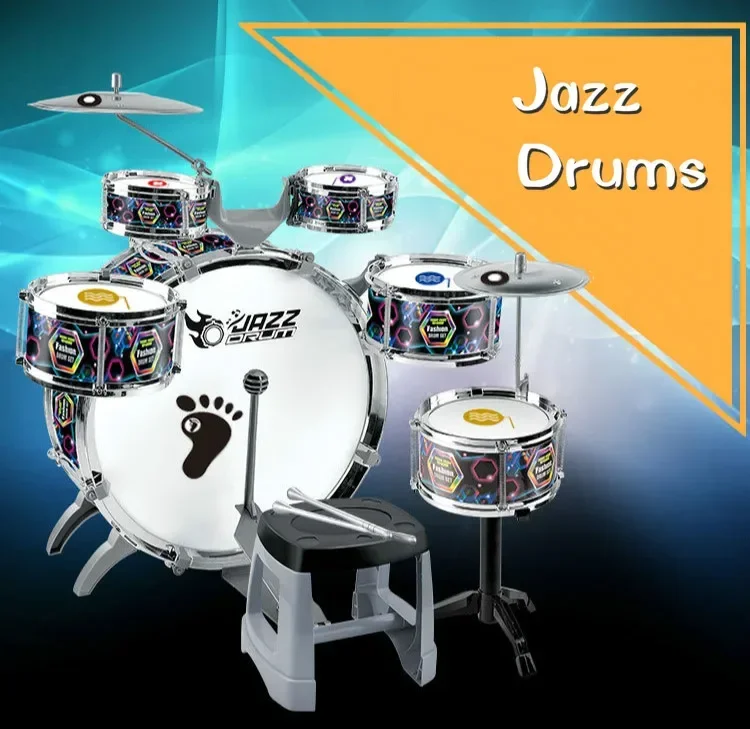 Fashion Large Children Music Jazz Drums Set ( 6 drums + 2 cymbals ) Thickened Eardrum Drum Score Seat Children percussion toys 2