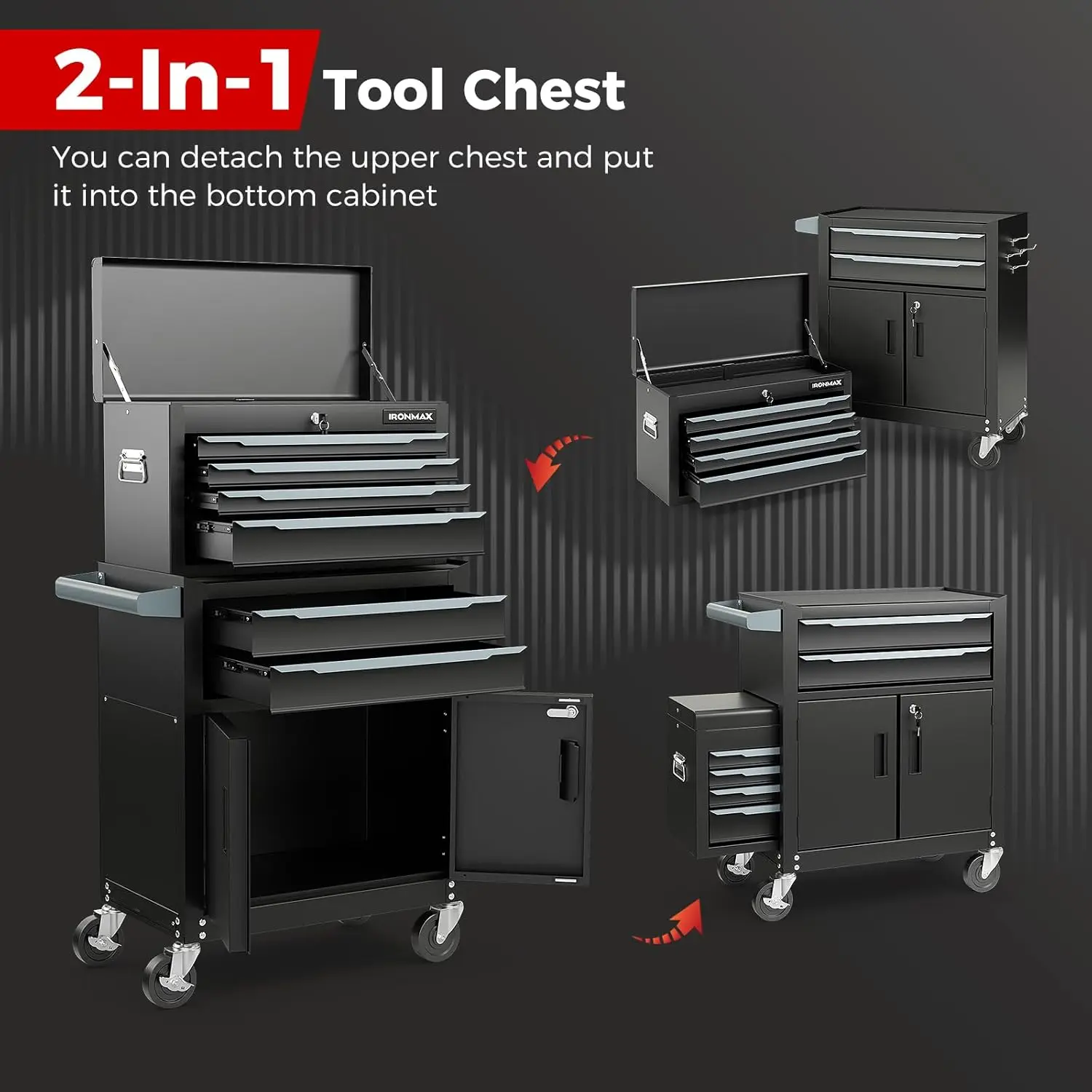Tool Chest 6 Drawers Extra Large Rolling Too Storage Cabinet with 4” Universal Lockable Wheels Auto Lock Protective Liner 2