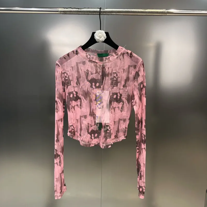 

2023 летняя Прозрачная облегающая тянущаяся футболка с длинным рукавом, круглым вырезом и цветочным принтом из сетки GK042