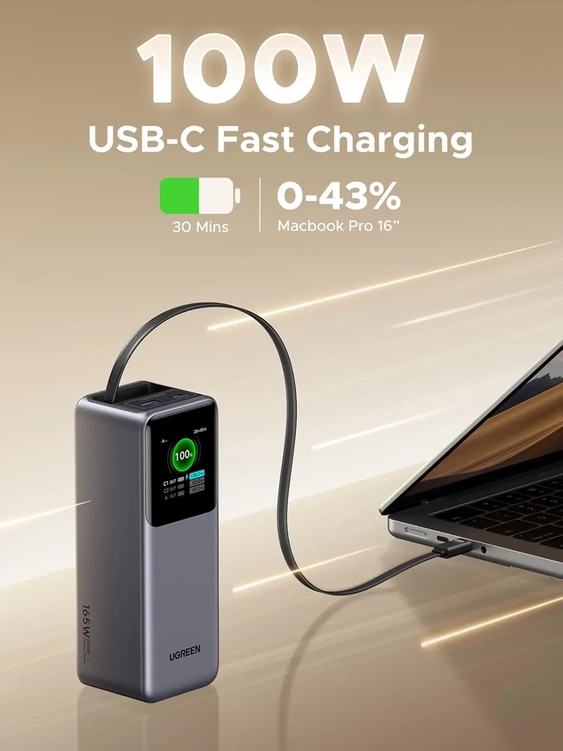 UGREEN Nexode 파워뱅크 20000mAh 165W 내장 USB C 케이블 포함 노트북 여행용 휴대용 충전기, 아이폰 17/16 고속 충전 지원