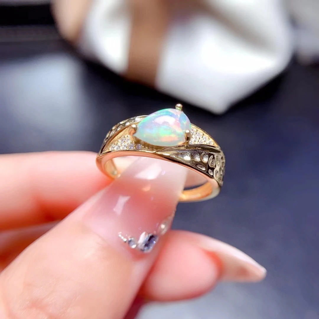 

MeiBaPJ 6mm*8mm Natural Opal Gemstone Fashion Colorful Ring for Women Real 925 Sterling Silver Charm Fine Wedding Jewelry