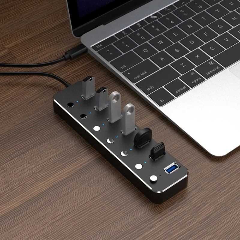 

USB 3.0 Адаптер питания, 7 портов, разветвитель из алюминиевого сплава, док-станция, 3,0 USB мульти-разветвитель, переключатель 1,2 м, кабельный концентратор