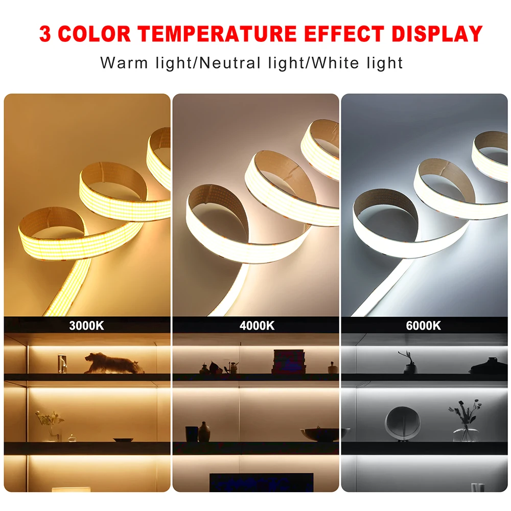 1600 LED COB LED 스트립 DC 12V 24V 5열 2핀 와이어 3000K 4000K 6000K 플렉시블 램프 0.5m 1m 2m 3m 4m 5m 가정용 조명