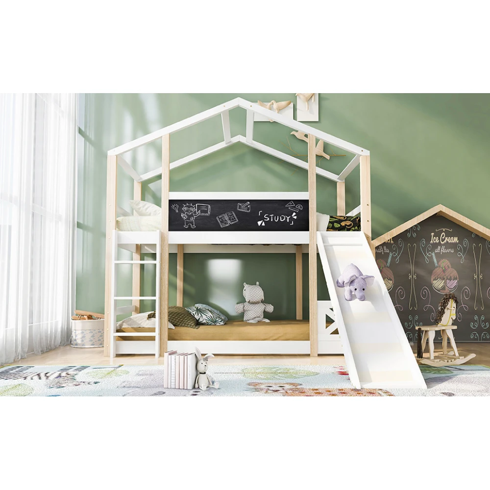 90 x 200 cm modernes Etagenbett, Kinderbett, Baumhaus mit Rutsche und Leiter, Hochbett für Kinder mit Schieferrost, für Schlafzimmer – Detail 22