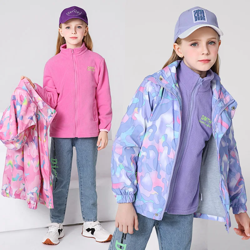 

Winter Waterproof Warmth School Kids Zip Jacket+Inner Fleece Coat Top Sets Girls Climbing Suit Child Outfit Tracksuit 3-14 Years