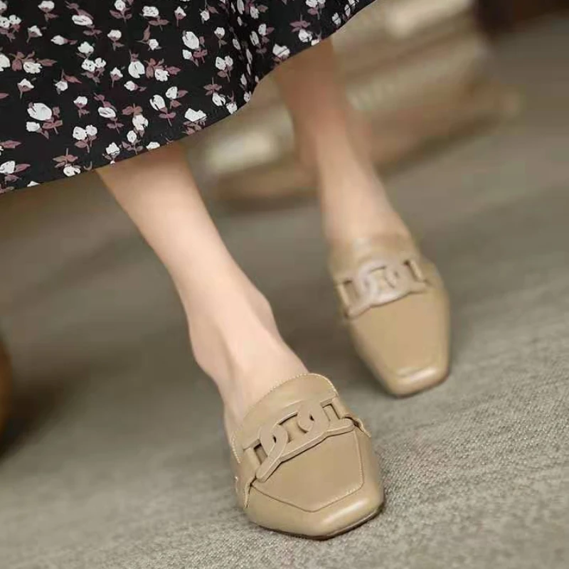 Women's Slippers Summer New Leather Low Heel Square Head Home Half Drag Casual Fashion Comfortable Height Sandals — view 5