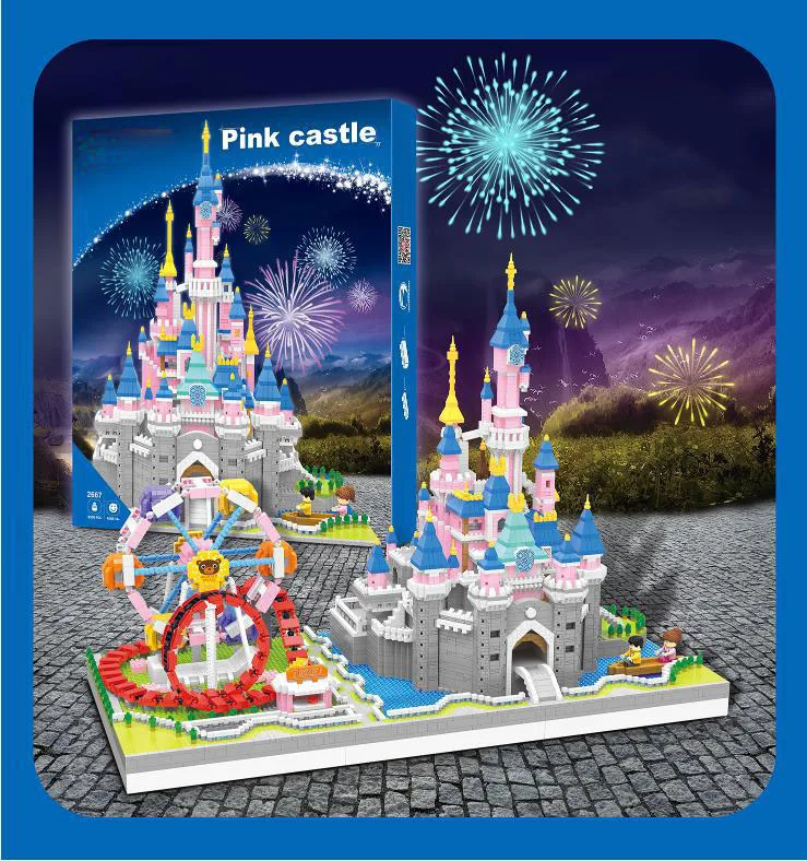 

Creative Fairy Tale Amusement Park Micro Diamond Block Pink Castle Ferris Wheel Model Brick Toy Nanobricks Collection For Gift