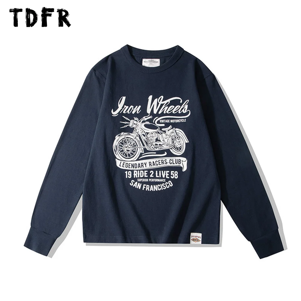 

Motorcycle Print Long Sleeve T-shirt Mens Autumn Casual Streetwear Crew Neck Loose Cotton Tee Men