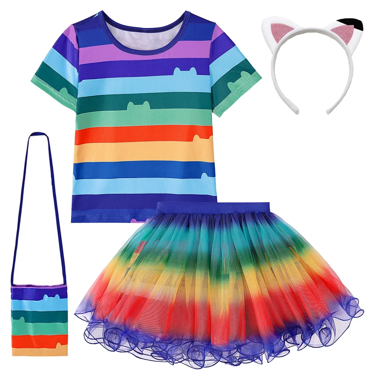 Gabby Dollhouse Girls Costume Children Cosplay Suit Girls Mesh Skirt+Striped Short Sleeved T-Shirt 2PCS Set 2-10Y