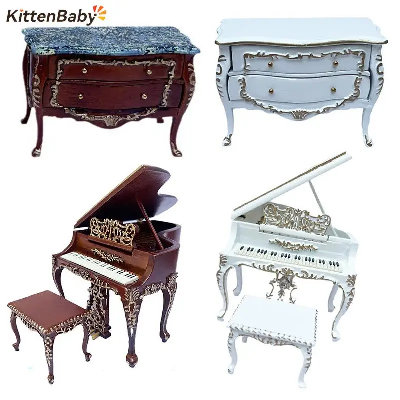 

Doll House Furniture Luxury European-style Carved Piano With Stool Side Cabinet Model For Dollhouse Living Room Bedroom Decor