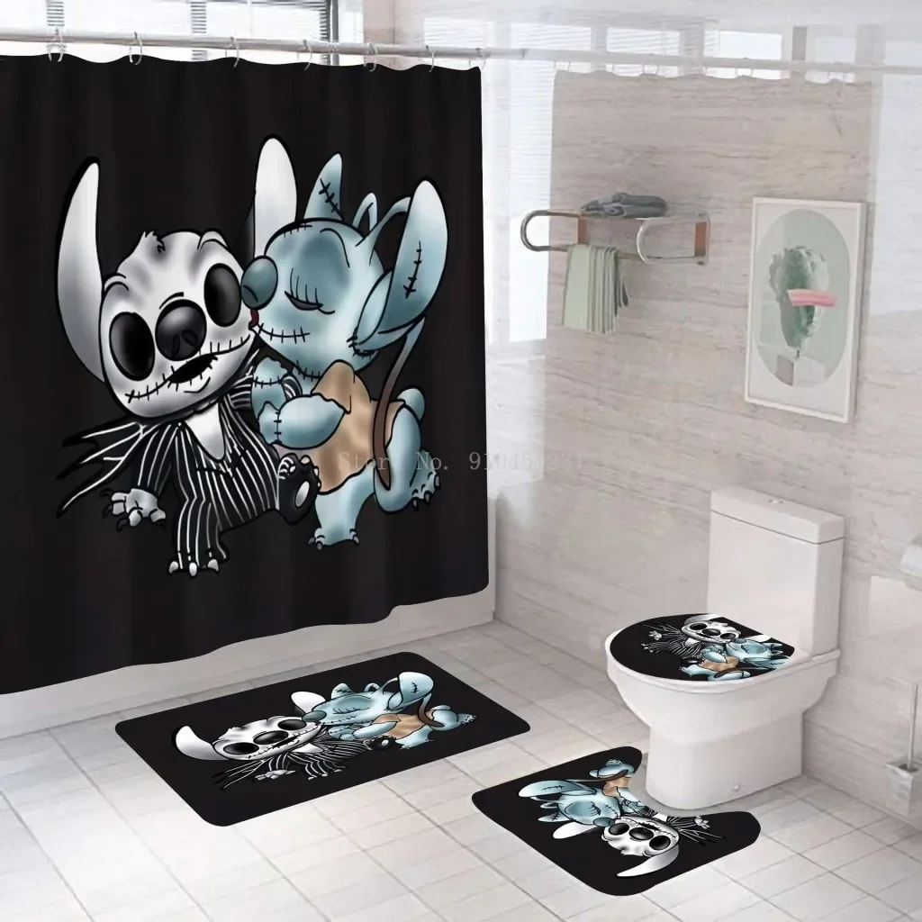 Hot Disney 3D Lilo & Stitch Waterproof Bathroom Shower Curtain in the Bathroom with Hook Set Soft Bath Mat Toilet Carpet Rugs