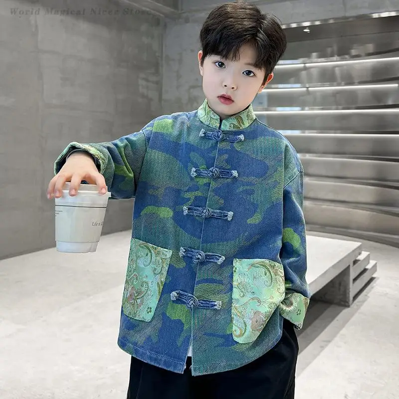 Boys' Hanfu Tang Costume Kids New Chinese Style Shirt Jacket Children's Traditional Coat Button Down Qipao Top Kong Fu Clothing