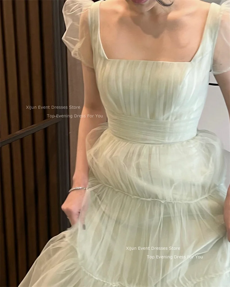 Xijun Fairy Tulle a 라인 웨딩 드레스 퍼프 반팔 댄스 파티 드레스 한국 2023 여성을위한 바닥 길이 신부 파티 드레스