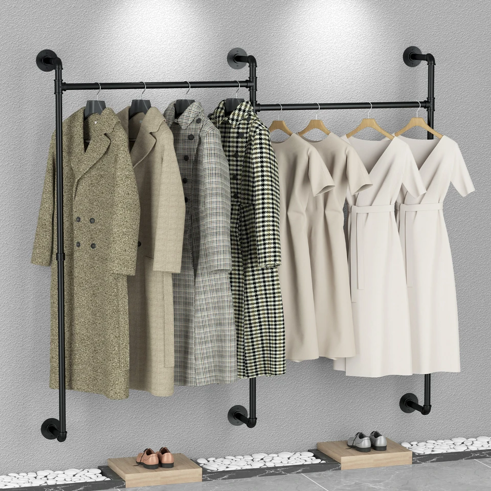 Industriële pijp kleding kledingrek, 74 cm wand/plafond gemonteerde afneembare zwarte ijzeren kledingstang zware metalen hangstang voor detailhandel, kastopslag en wasorganisatie