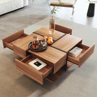 ​ ​ Table basse moderne de 78 cm avec bois chaud - Rangement à 4 tiroirs à deux niveaux avec design géométrique pour un salon élégant ​ ​ ﻿ 2